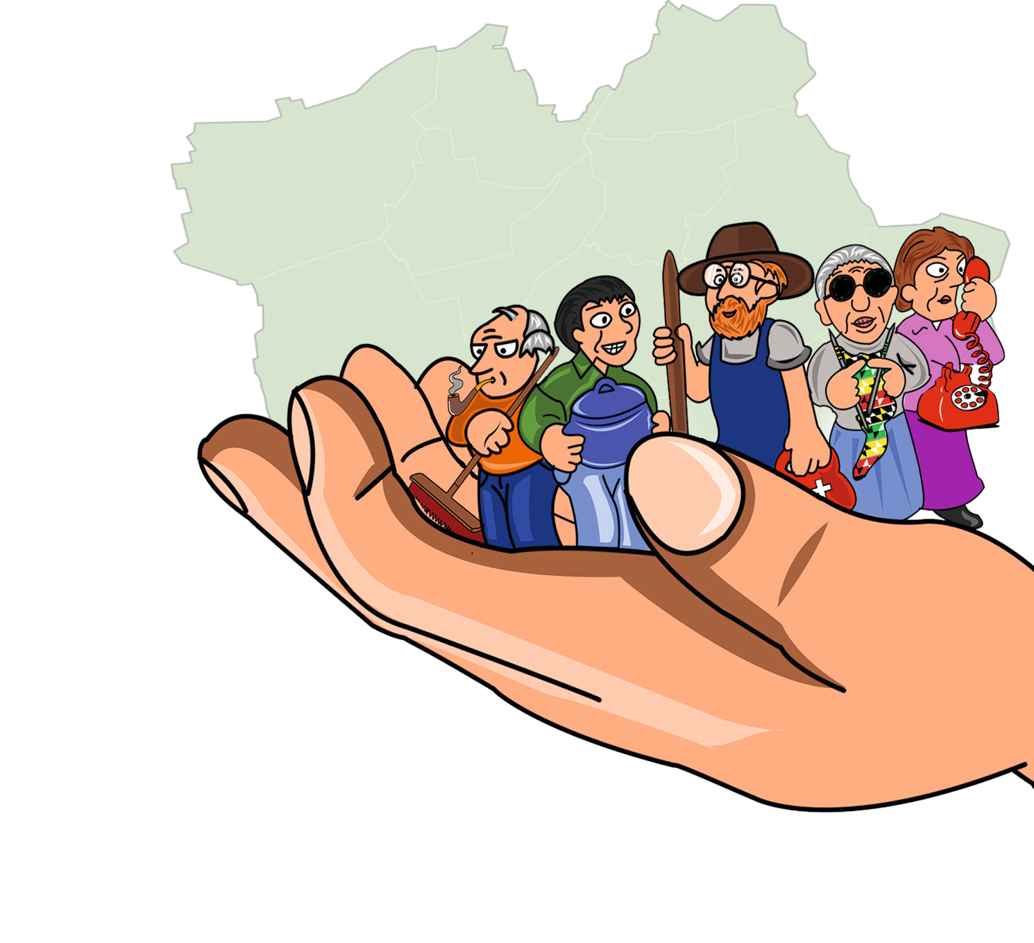 Bild-Hand2 Zeichnung einer Hand auf der sich 3 Männer und eine Frau befinden