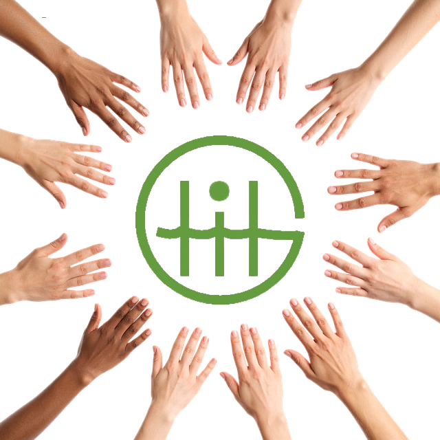 cartoon-hands-9702440_640+logo2 In der Mitte das Logo der Generationenhilfen Ilsede, rings um das Logo sieht man viele Hände